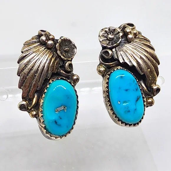 Vintage Sterling Silver Turquoise James Mason Handmade Navajo Pierced Earrings - Picture 2 of 9